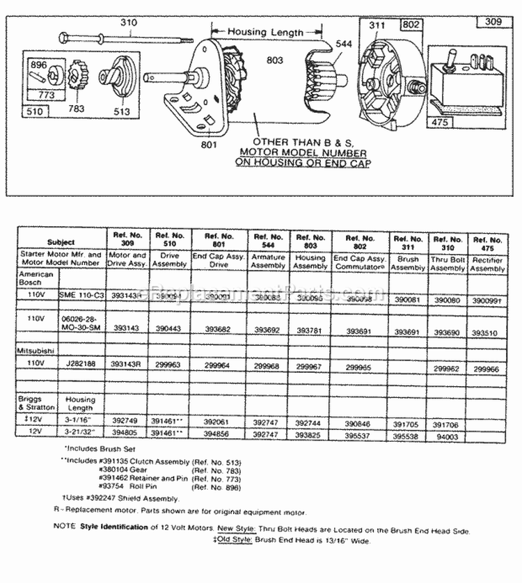 Electric Starter And Chart Diagram and Parts List for  Briggs and Stratton Engine